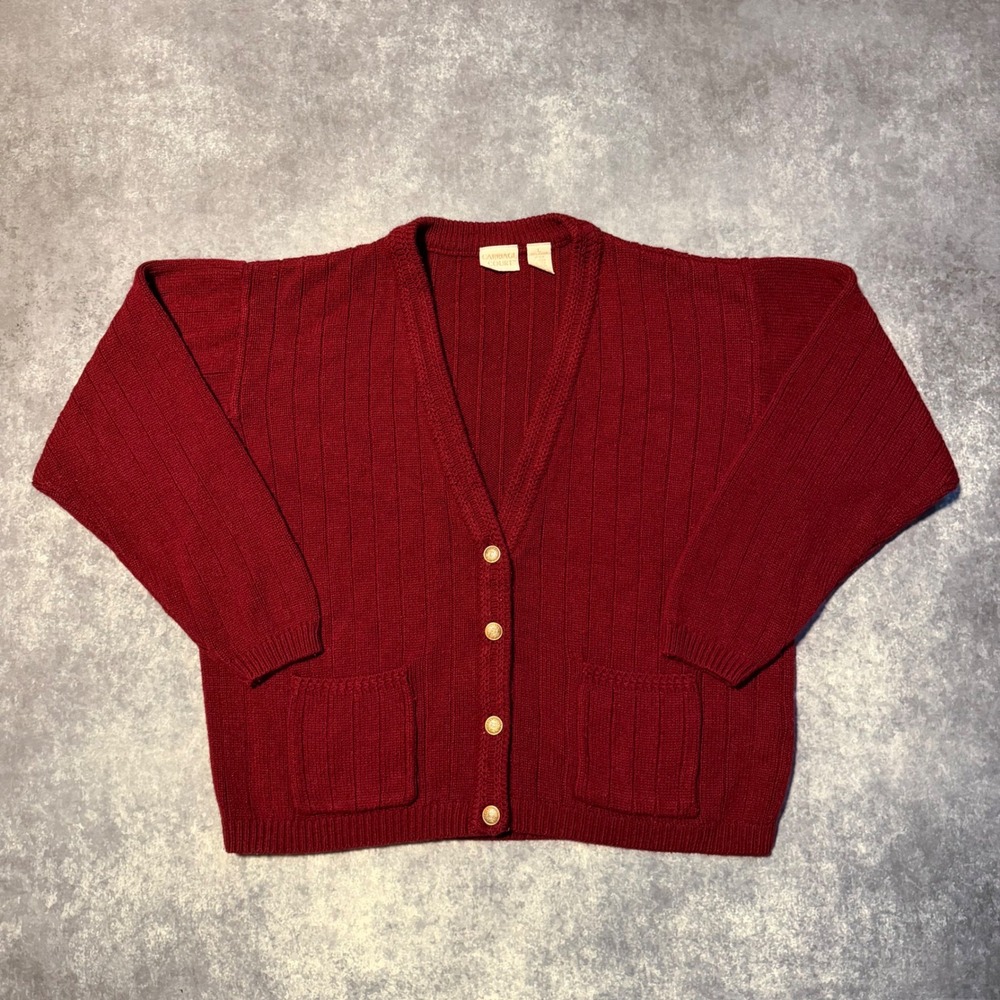 Vintage 3D‎ Knit Cable Knit Cardigan Sweater Womens Large Burgundy Red